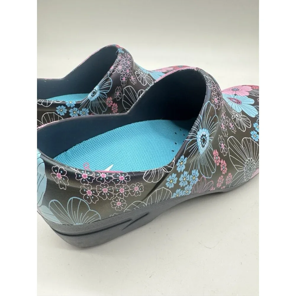 Black Floral Slip-On Clogs in Pink & Turquoise - Picture 11 of 15